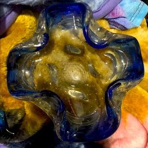 Rippled Clear and Blue Glass Dish